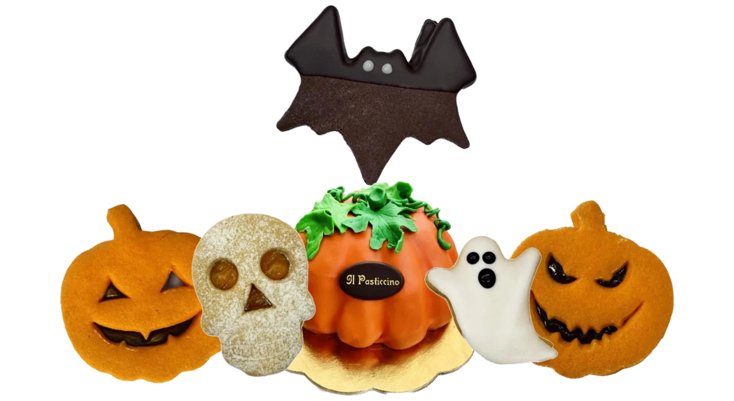 I dolci di Halloween del Pasticcino: biscotti a zucca, teschio, fantasmino, pipistrello e la torta a forma di zucca